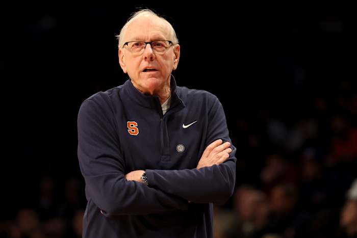 Longtime Syracuse head coach JIm Boeheim patrols the sideline